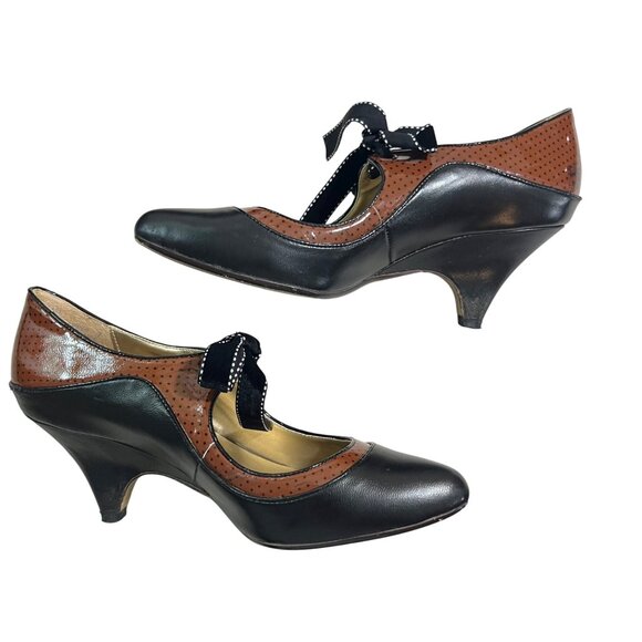 Poetic License heels women's 7 black brown leather bow tie - Picture 7 of 13